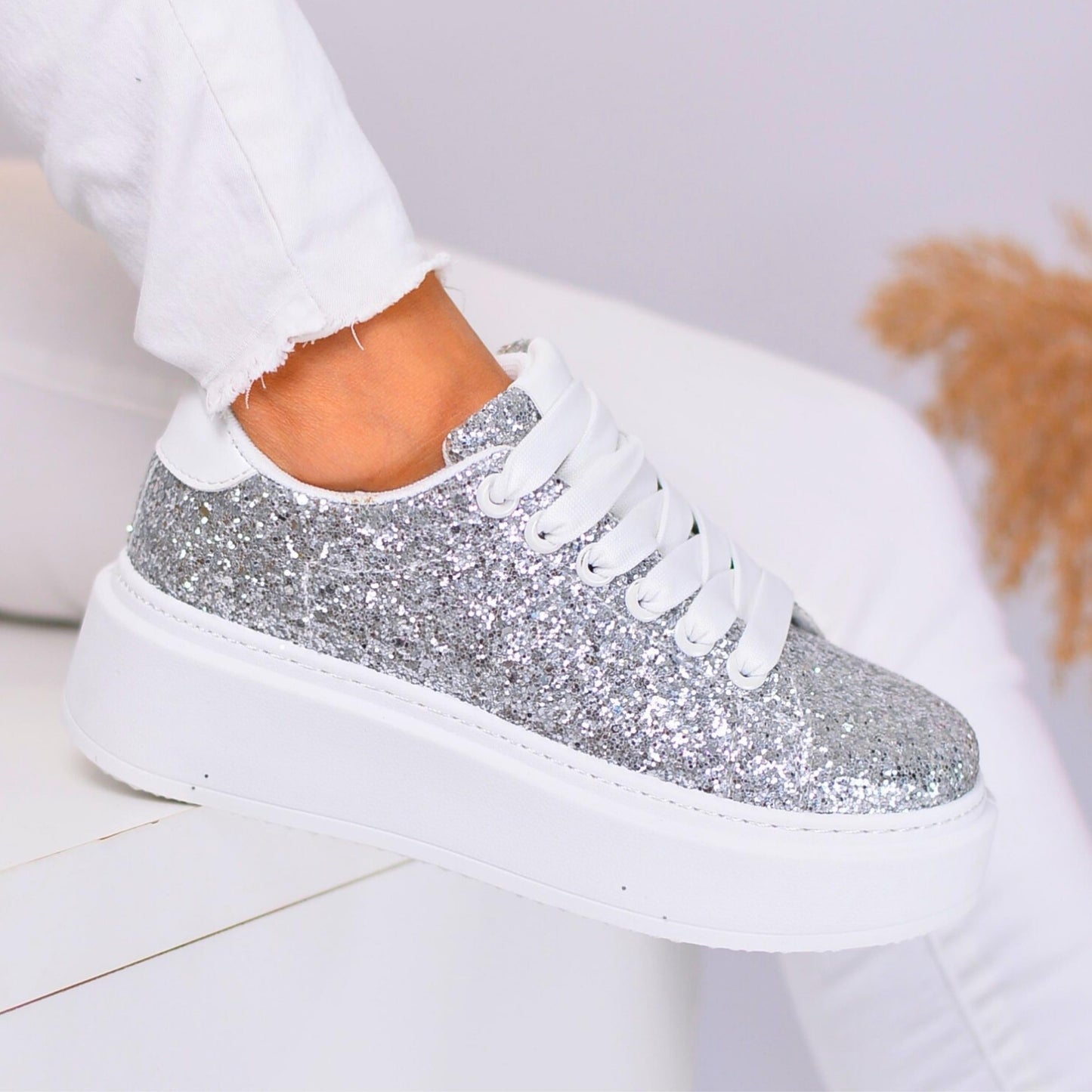 Ladies Silver Eco Glitter Leather Sneakers