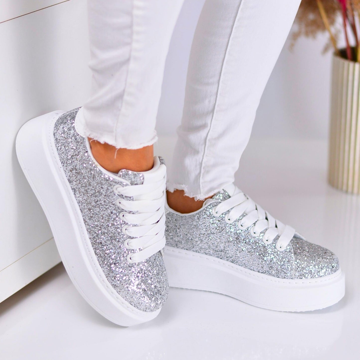 Ladies Silver Eco Glitter Leather Sneakers