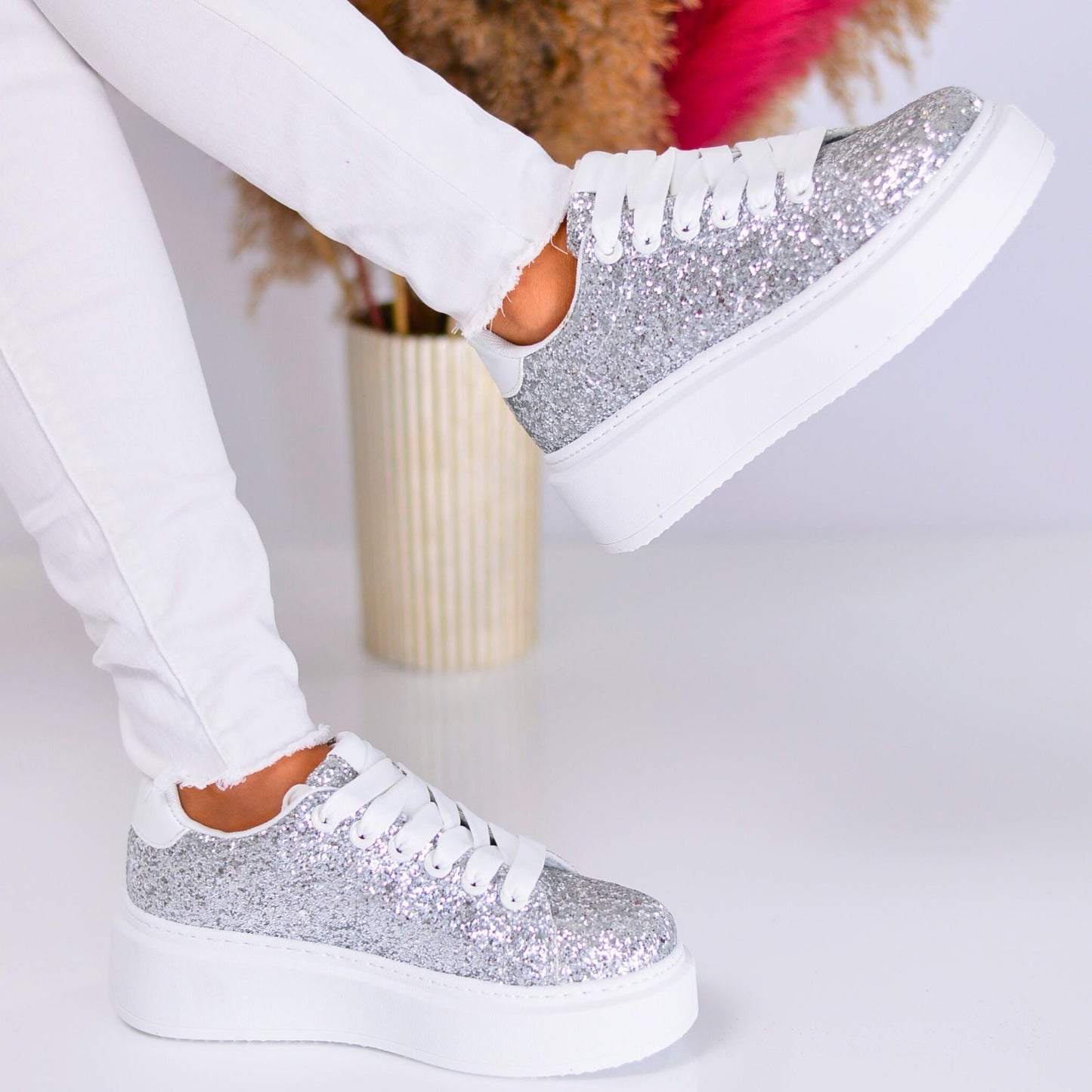 Ladies Silver Eco Glitter Leather Sneakers