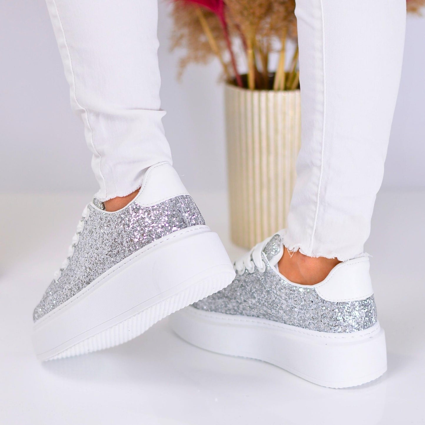 Ladies Silver Eco Glitter Leather Sneakers