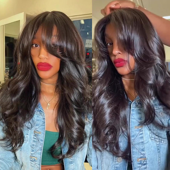 Body Wave Curtain Bangs 8x5 Glueless HD Lace Closure Wig and 13x4 Frontal Wig Put On And Go