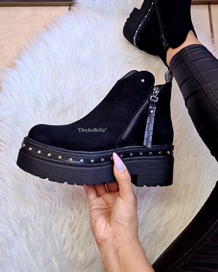 Suede Handmade Studded Zipper Boots