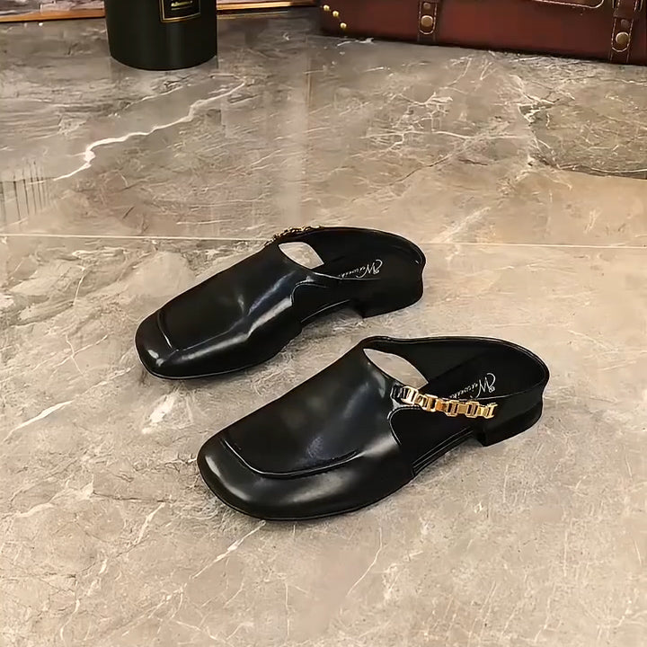 Slingback Leather Flats Mules with Gold Chain