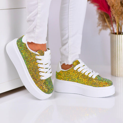 Ladies Silver Eco Glitter Leather Sneakers