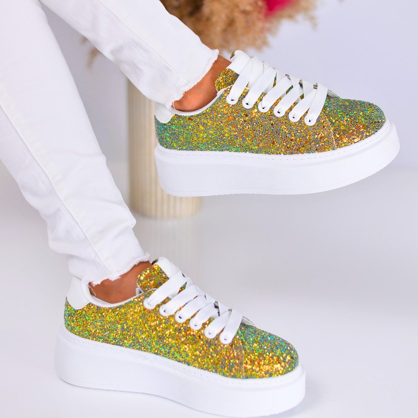 Ladies Silver Eco Glitter Leather Sneakers