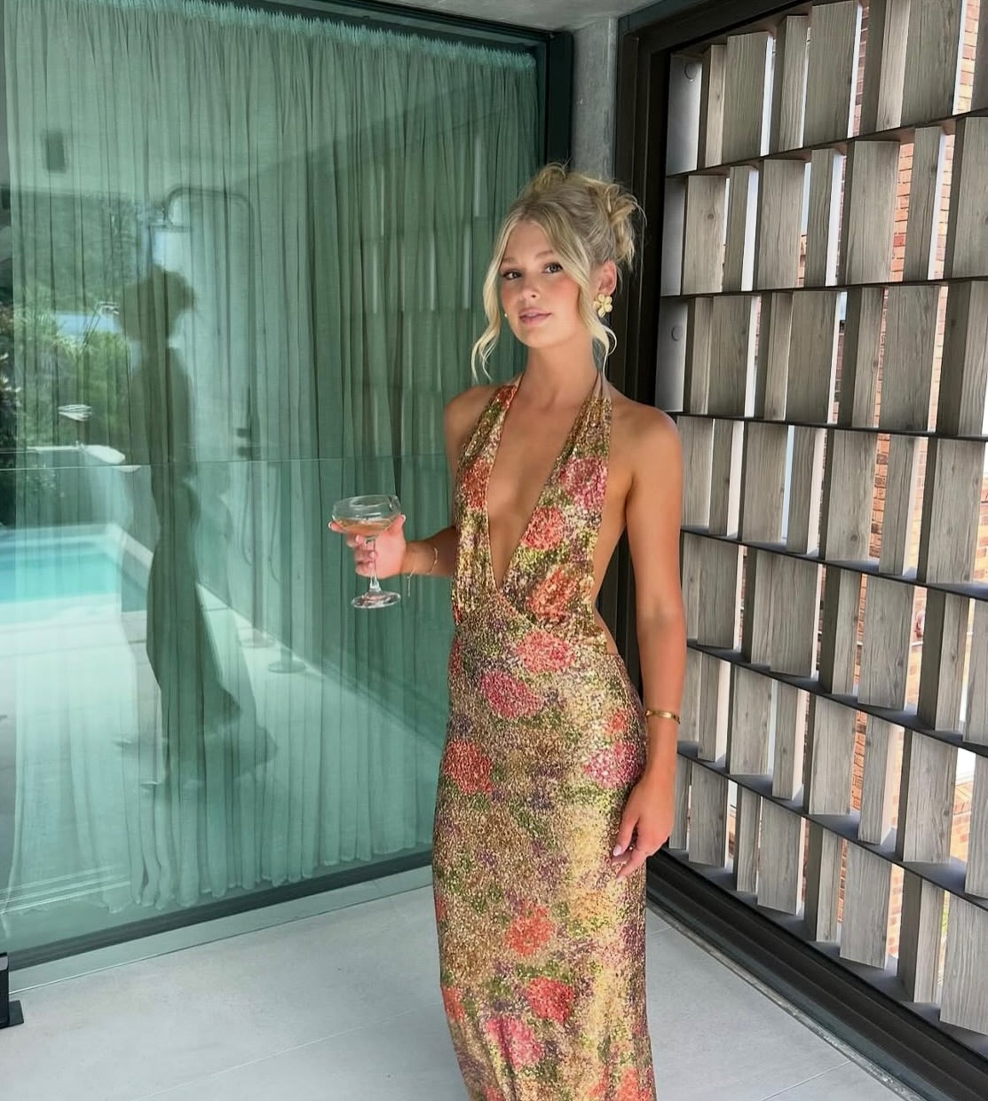 Backless Sequined Mesh Maxi Dress