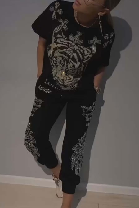 Casual Printed Top Drawstring Pants 2-Piece Set