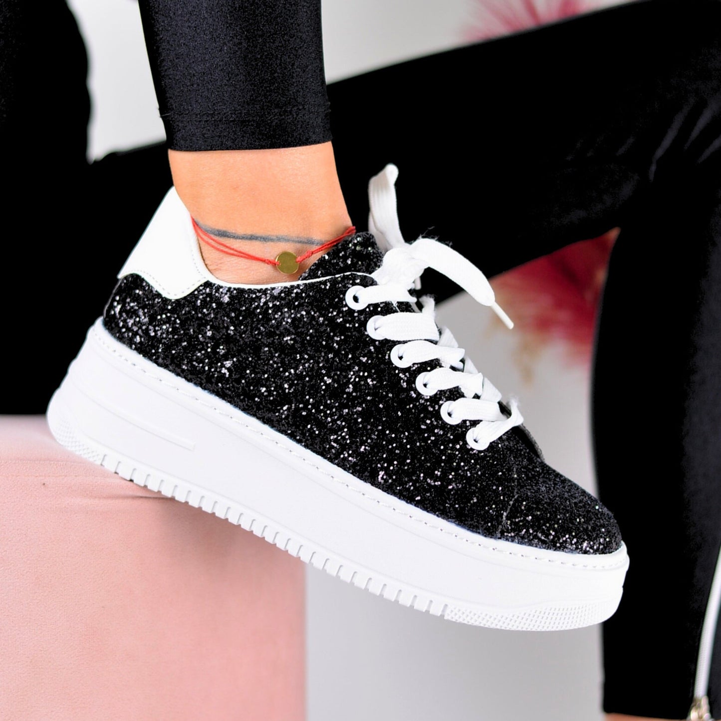 Ladies Silver Eco Glitter Leather Sneakers