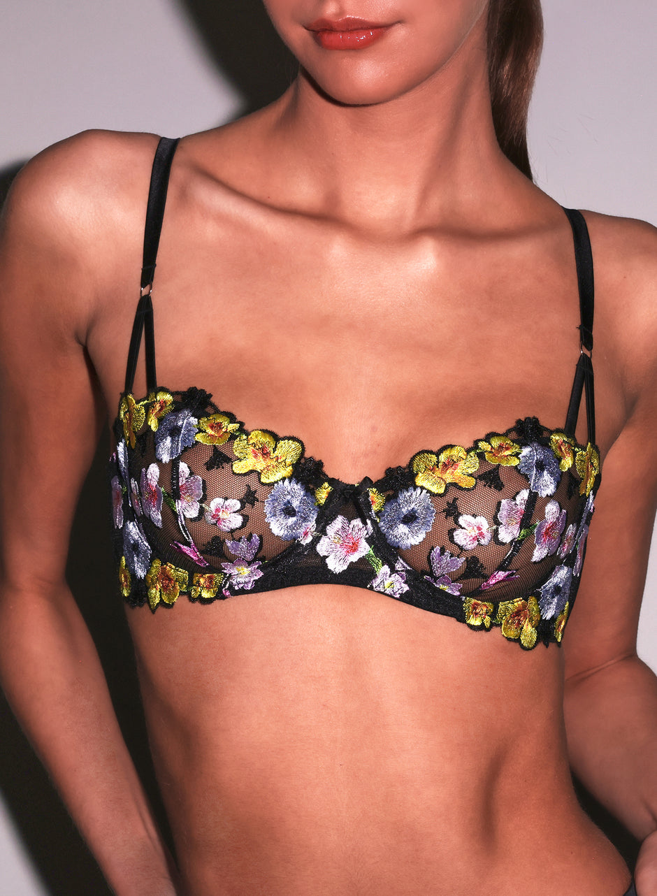 Embroidered flower Bra & Garter Belt Suit