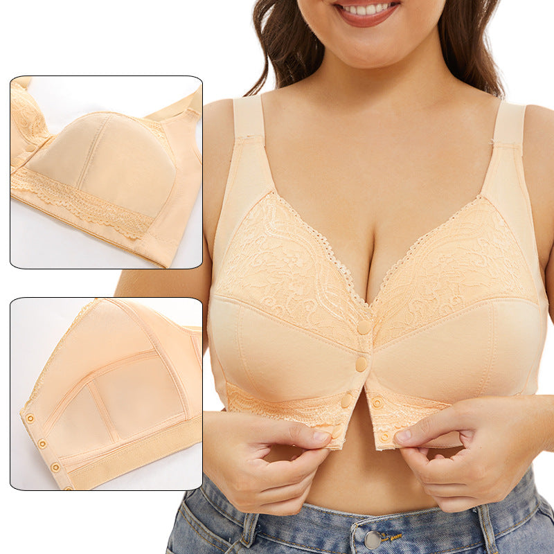 Wireless vest style lace front button bra