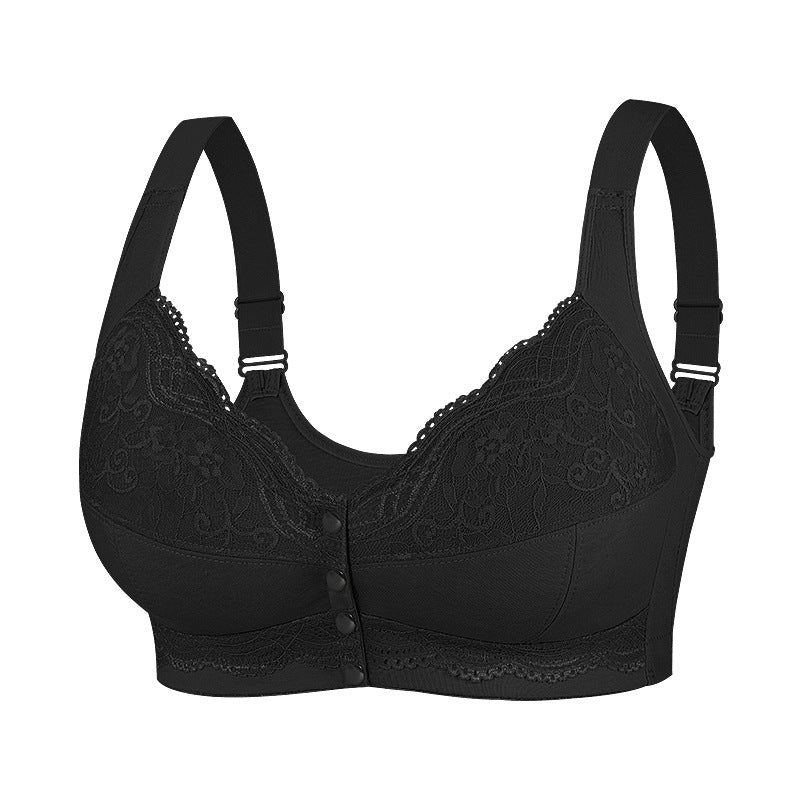 Wireless vest style lace front button bra