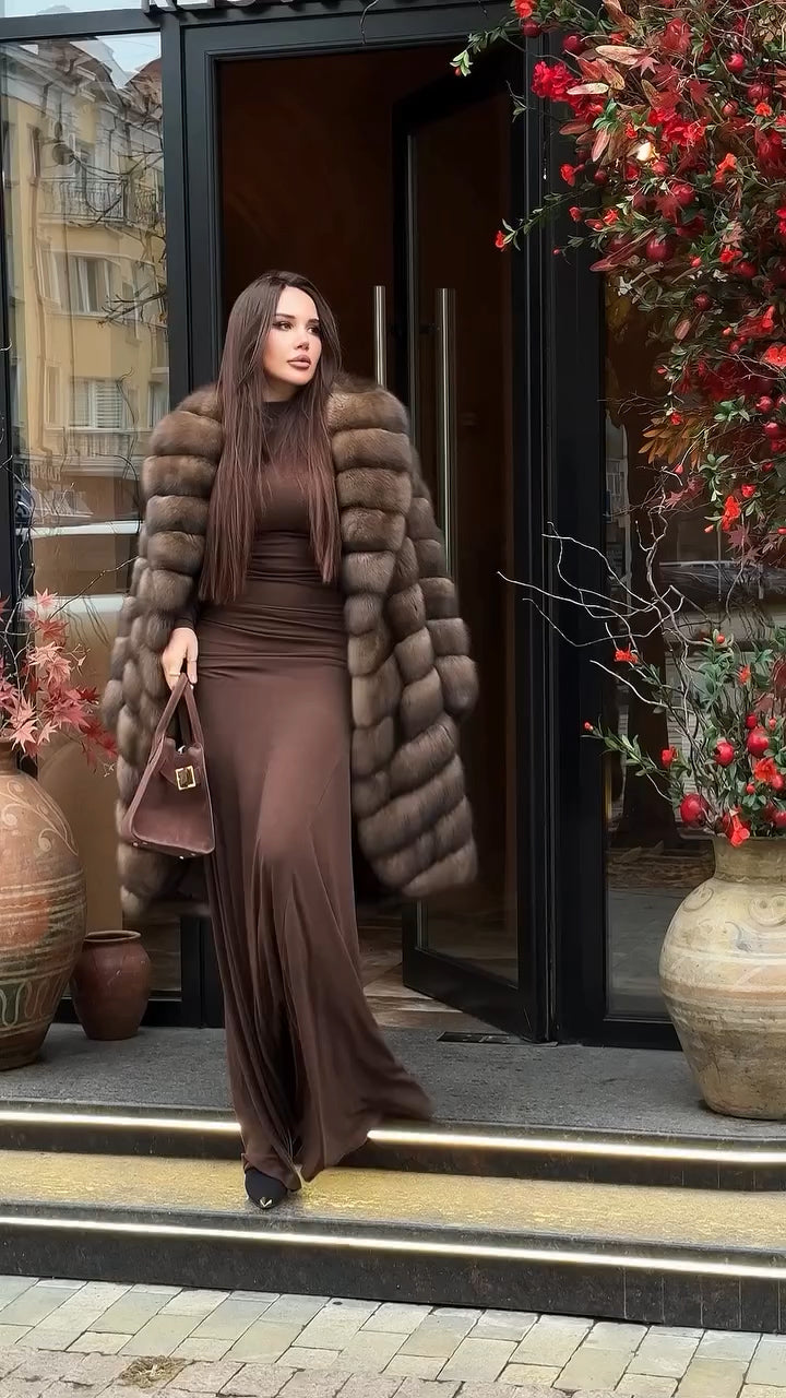 Mid-length fox fur classic coat