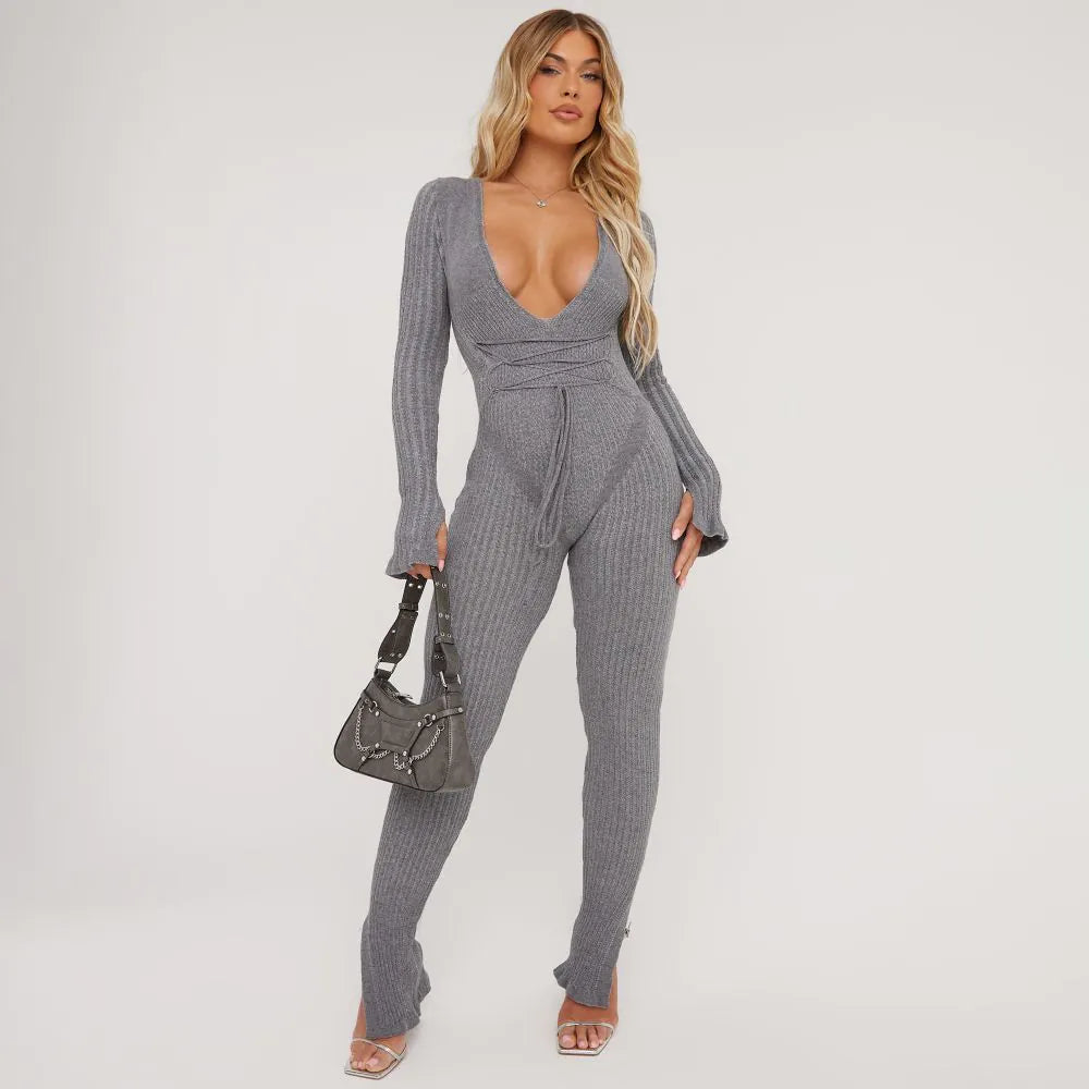 LONG SLEEVE PLUNGE STRAPPY WAIST DETAIL SPLIT LEG JUMPSUIT