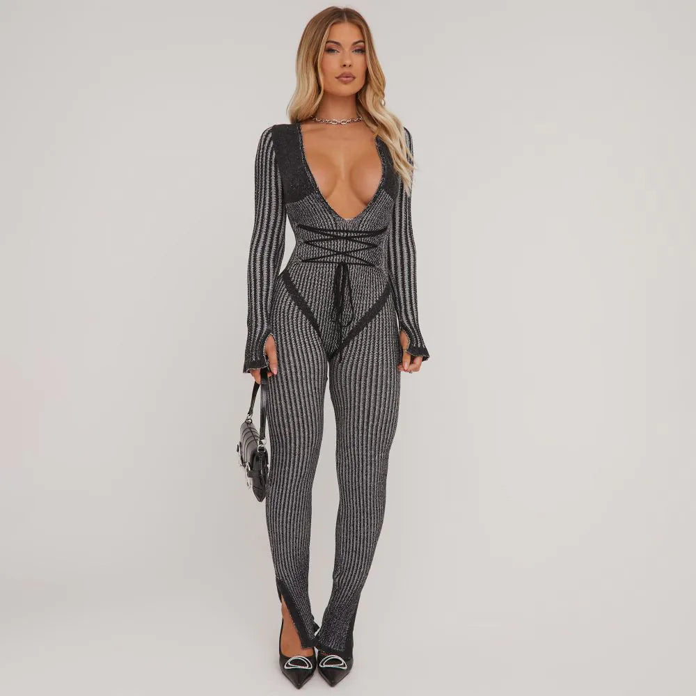 LONG SLEEVE PLUNGE STRAPPY WAIST DETAIL SPLIT LEG JUMPSUIT