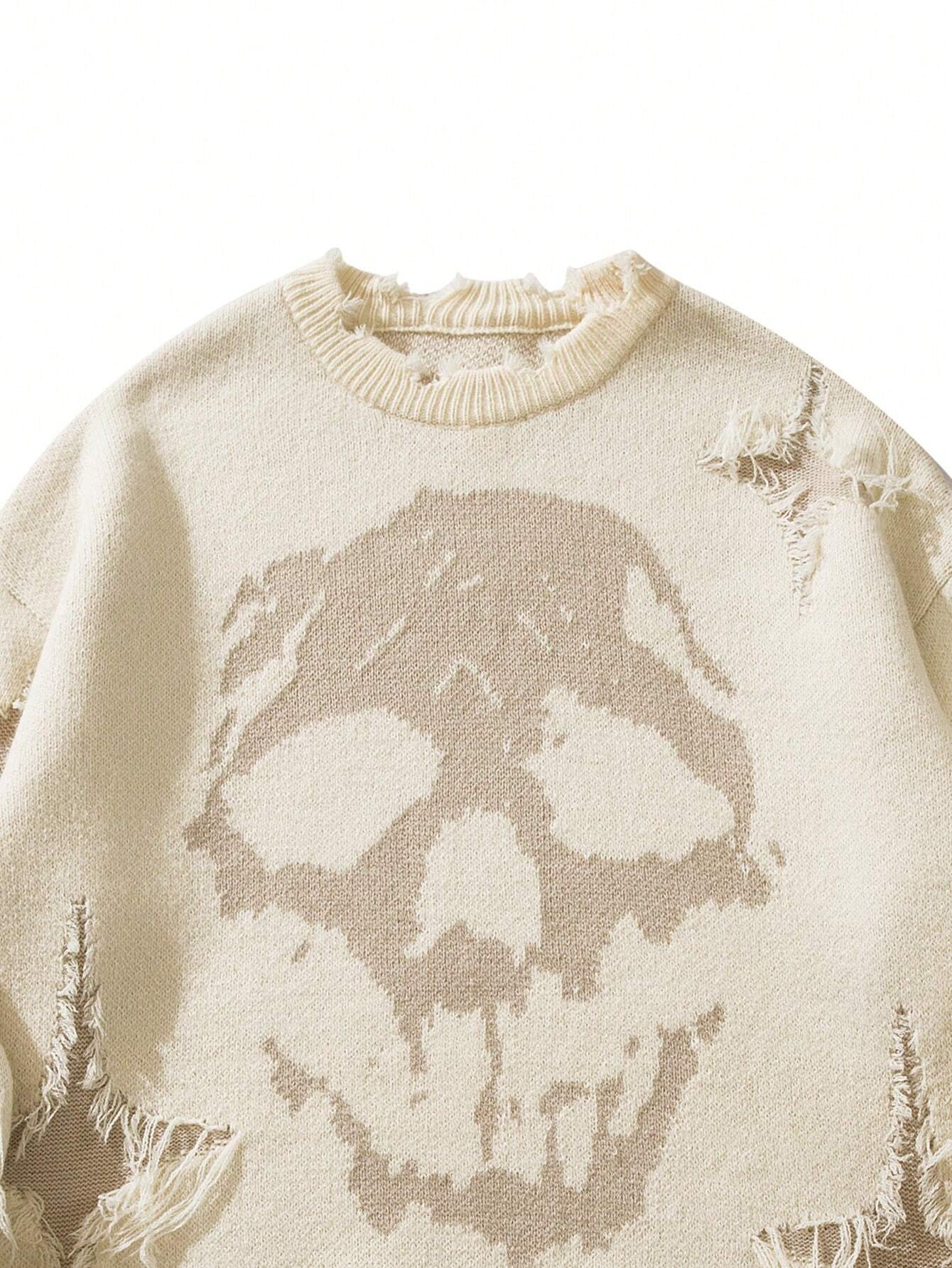 Skull Print Distressed Fringed Crew Neck Casual Sweater