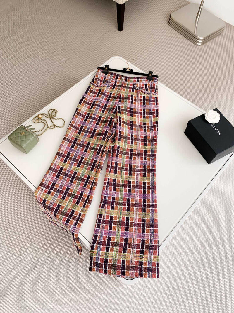 Cotton-blend check tweed high-rise wide-leg pants