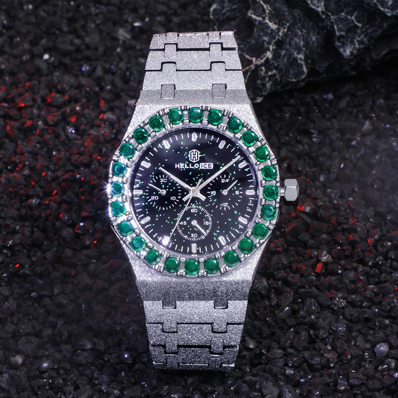 Iced Black Glitter Dial Emerald Round Cut Watch