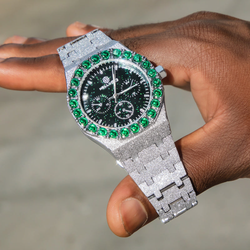 Iced Black Glitter Dial Emerald Round Cut Watch