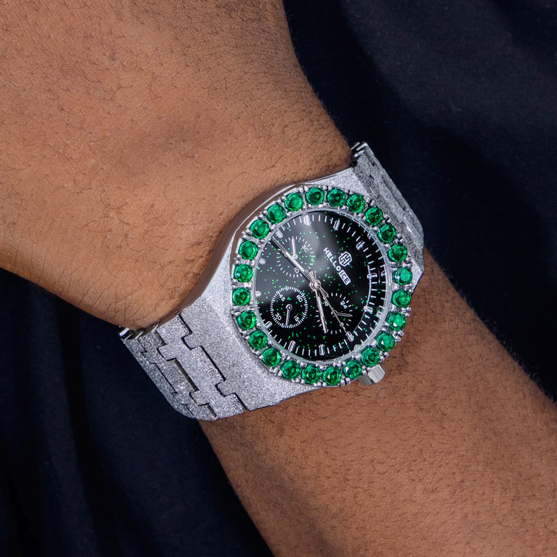 Iced Black Glitter Dial Emerald Round Cut Watch