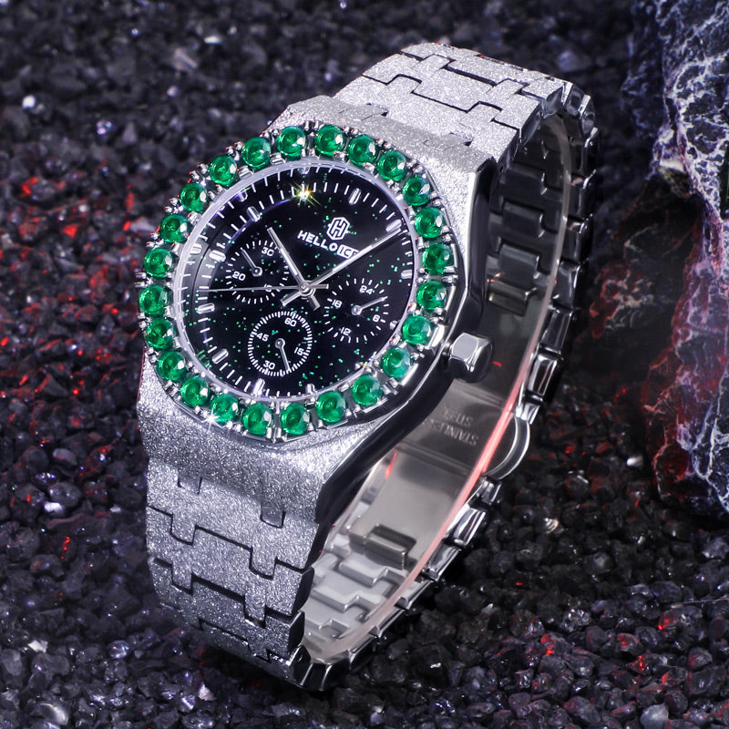 Iced Black Glitter Dial Emerald Round Cut Watch