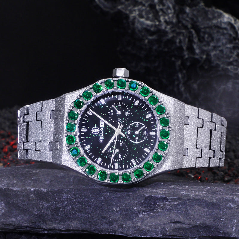 Iced Black Glitter Dial Emerald Round Cut Watch