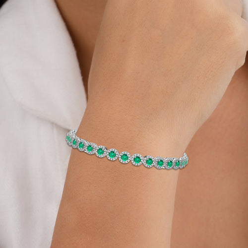 Round Cut Emerald Gemstone Halo Tennis Bracelet