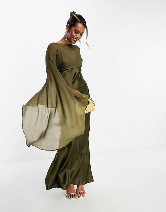 Extreme sleeve chiffon maxi dress with satin bias skirt in khaki