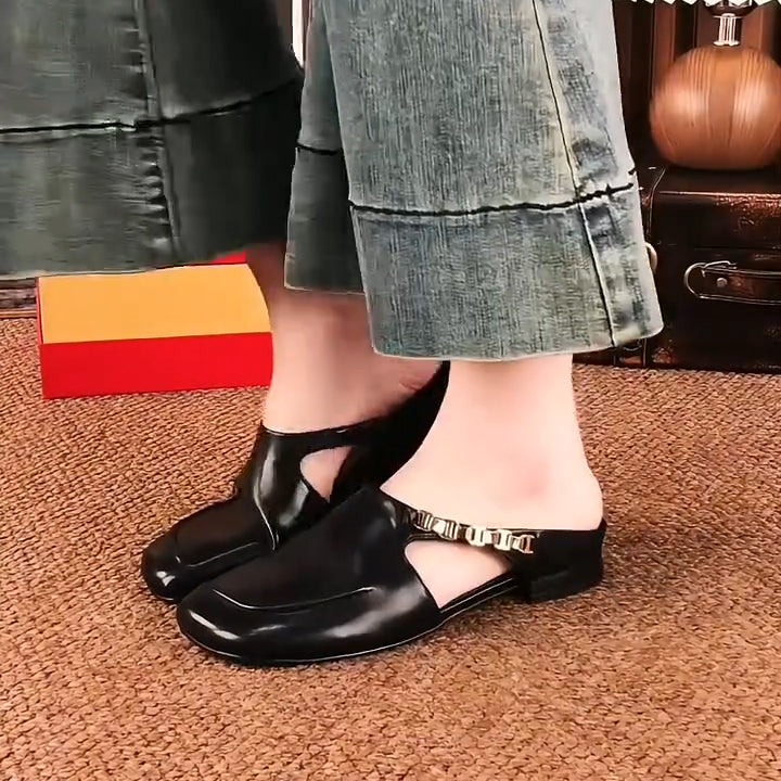 Slingback Leather Flats Mules with Gold Chain