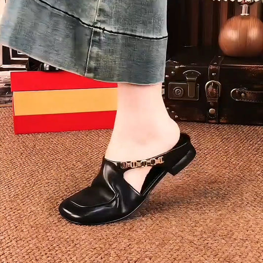 Slingback Leather Flats Mules with Gold Chain