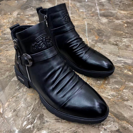 Men's Handmade Embossed Zipper Casual Leather Boots