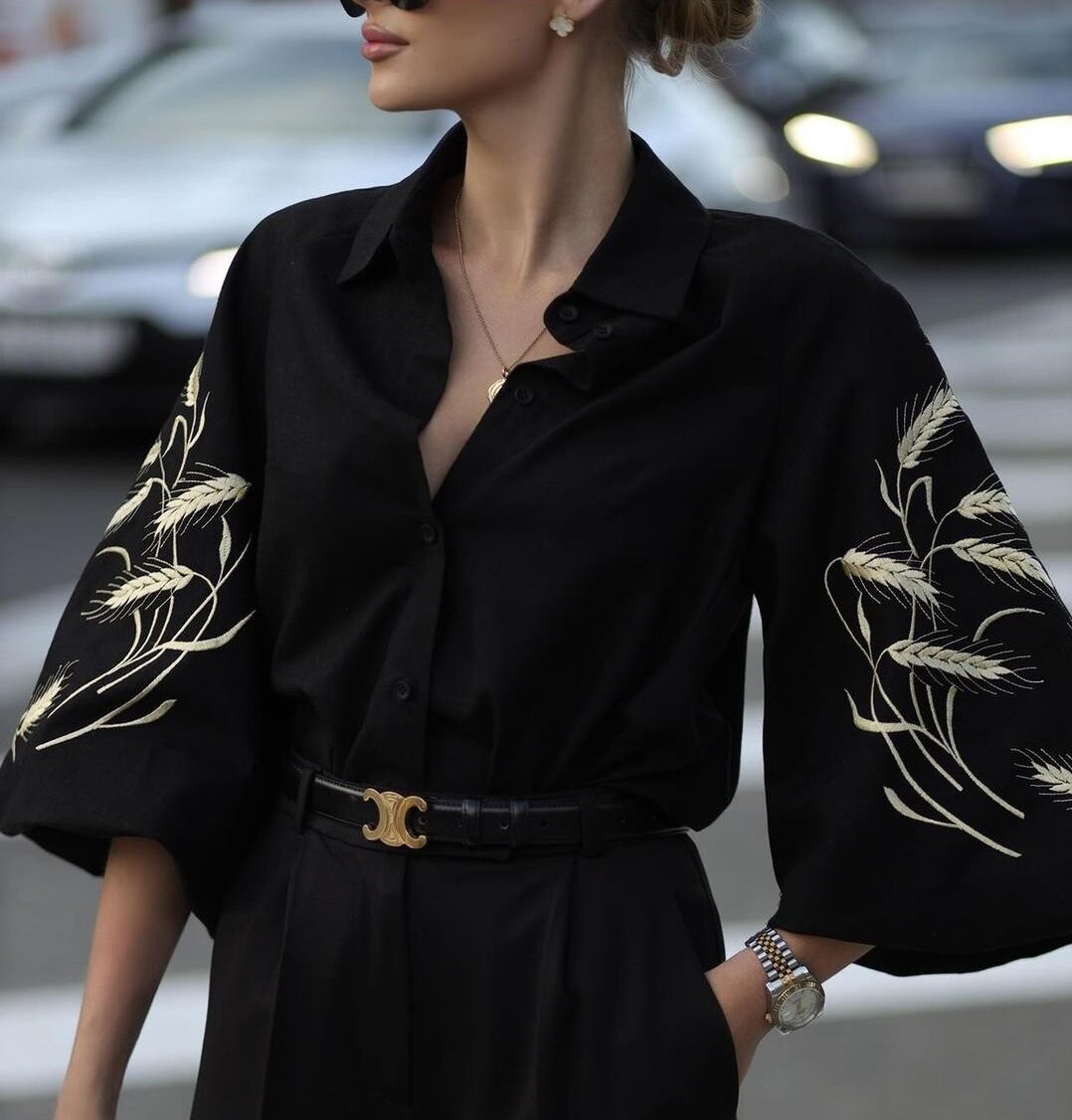 Embroidered Wheat Collar Wide Sleeve Shirt