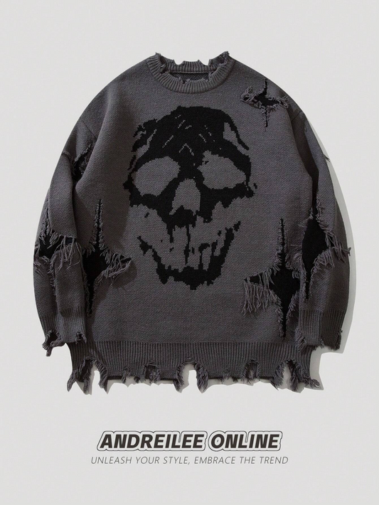 Skull Print Distressed Fringed Crew Neck Casual Sweater