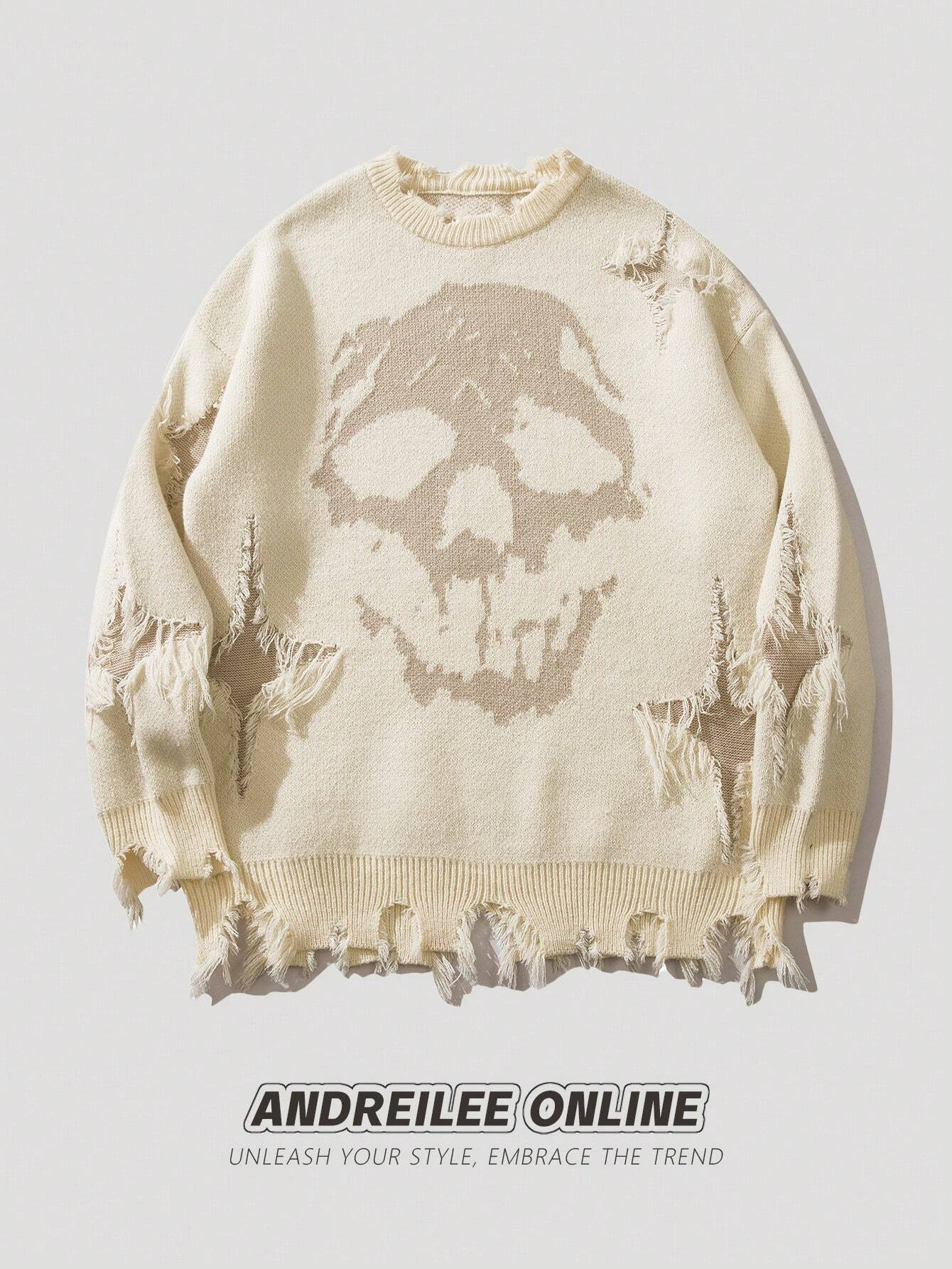 Skull Print Distressed Fringed Crew Neck Casual Sweater