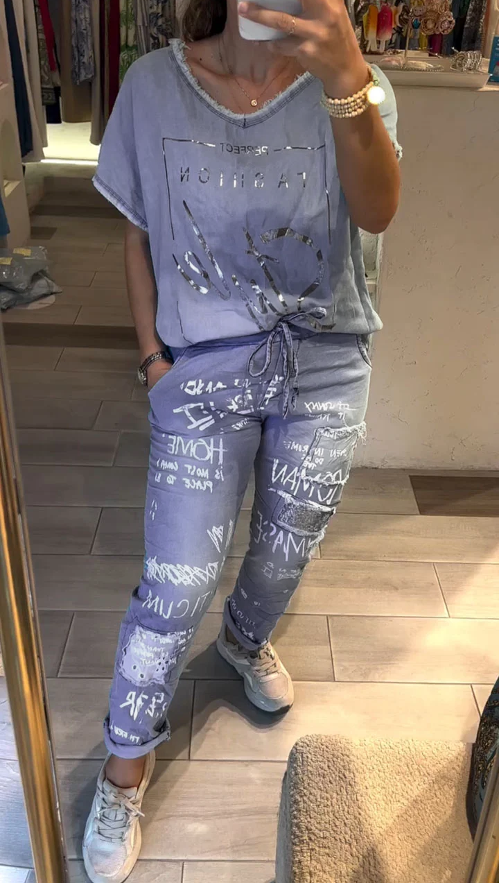 Fashion women's V-neck hot stamping Tencel denim casual suit