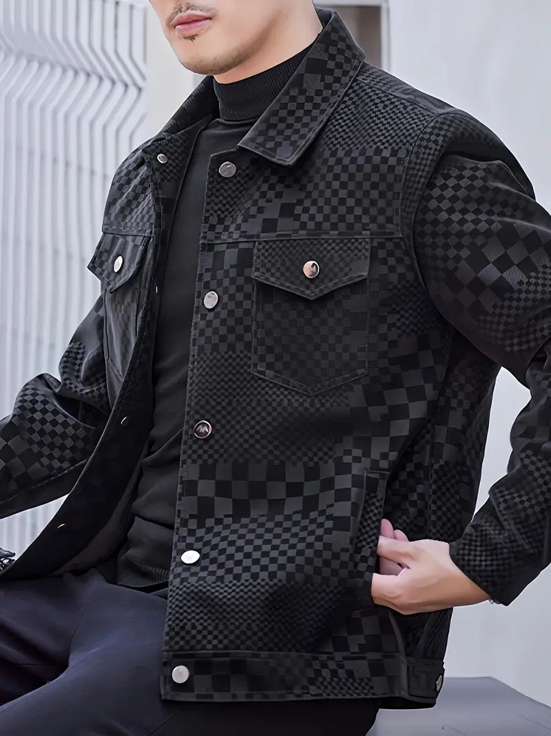 Men's Checkered Print Stand Collar Long Sleeve Zipper Casual Jacket