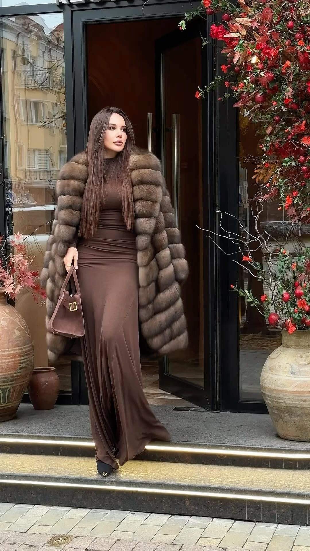 Mid-length fox fur classic coat