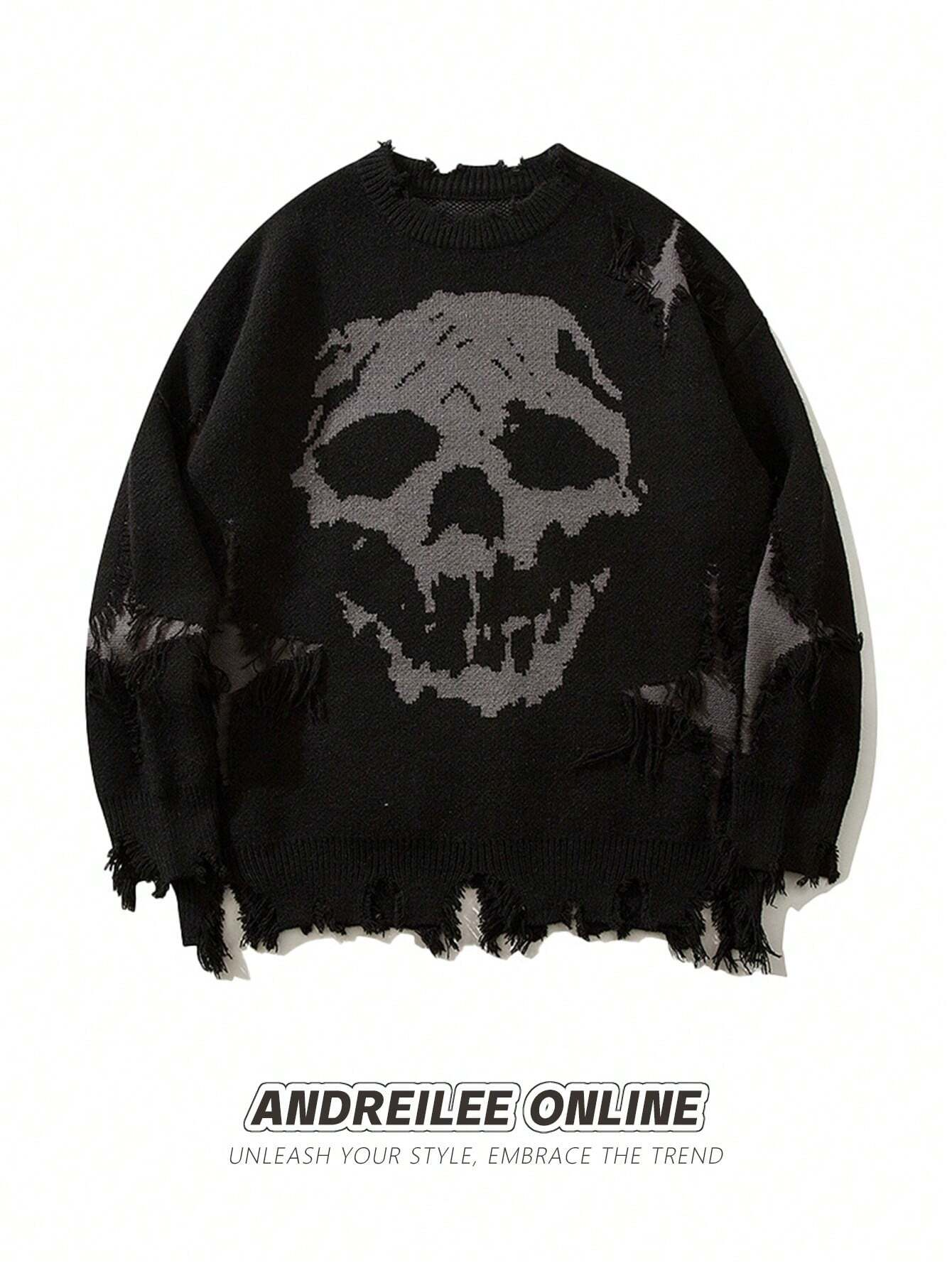 Skull Print Distressed Fringed Crew Neck Casual Sweater