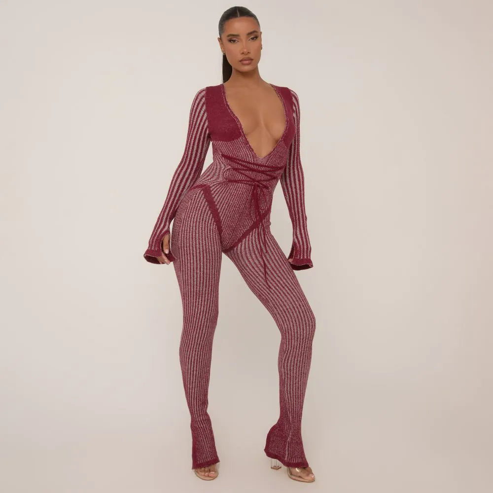 LONG SLEEVE PLUNGE STRAPPY WAIST DETAIL SPLIT LEG JUMPSUIT