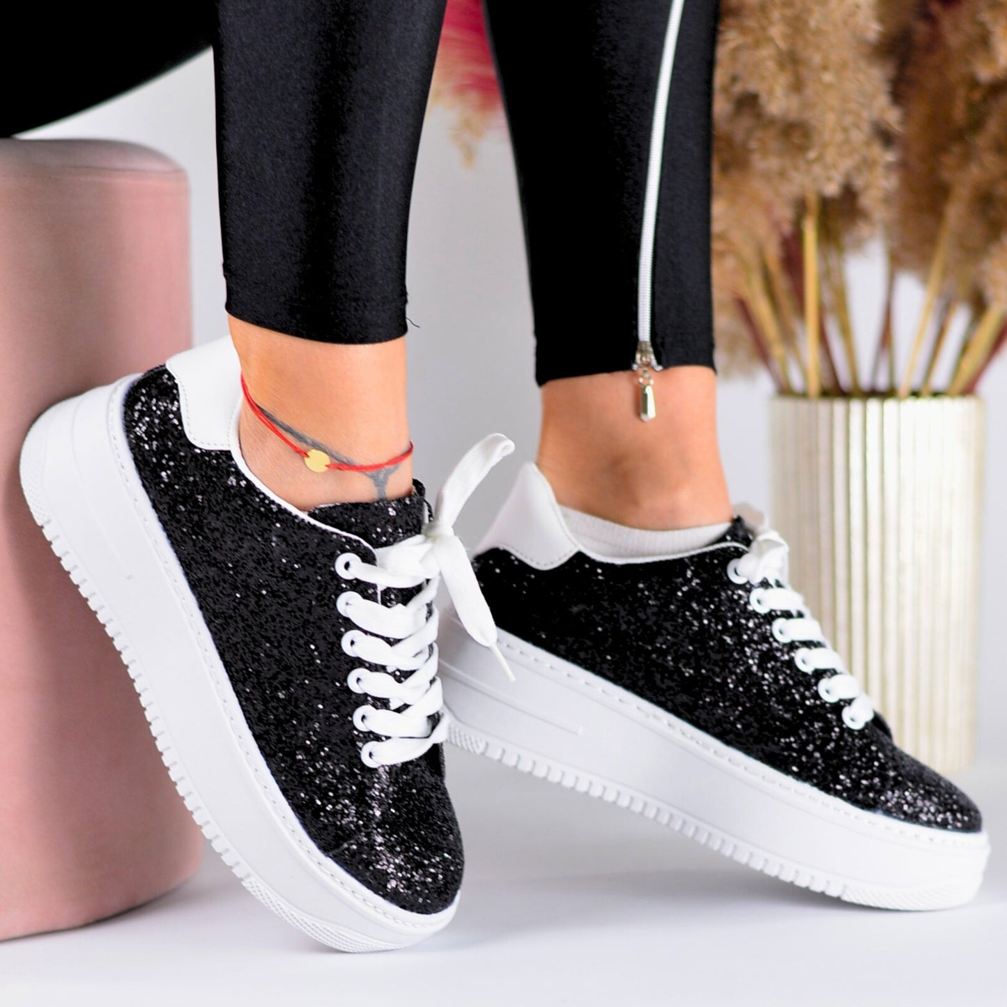 Ladies Silver Eco Glitter Leather Sneakers