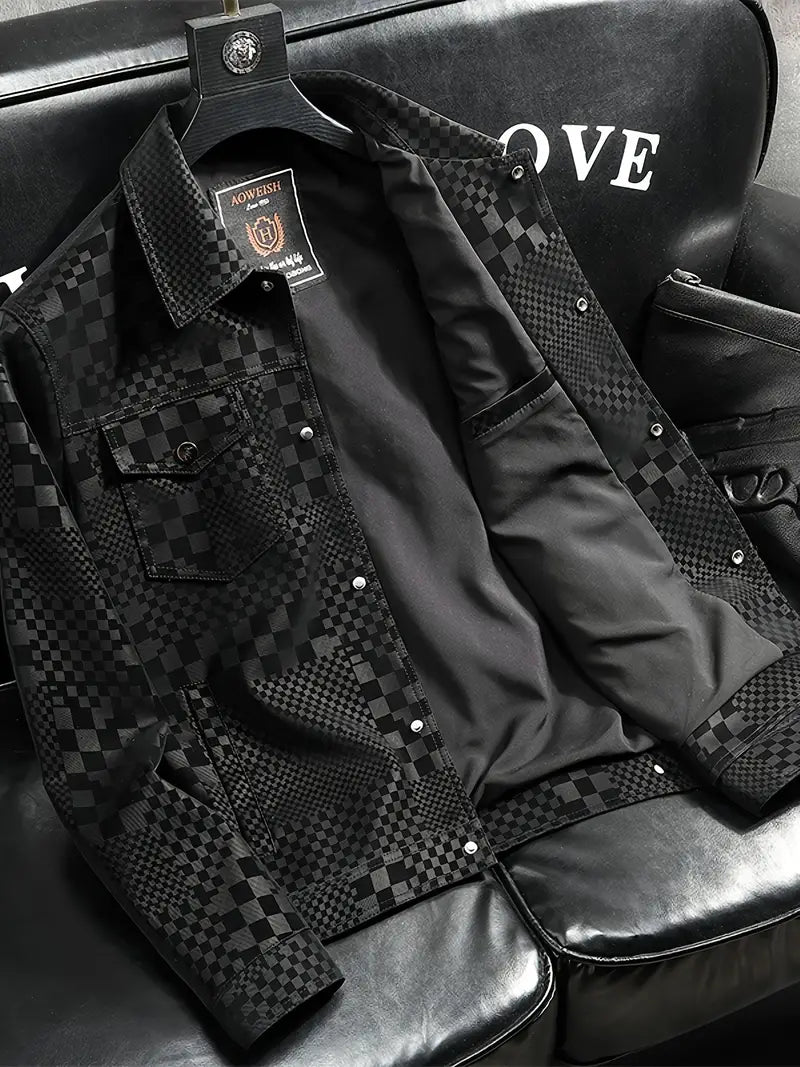 Men's Checkered Print Stand Collar Long Sleeve Zipper Casual Jacket