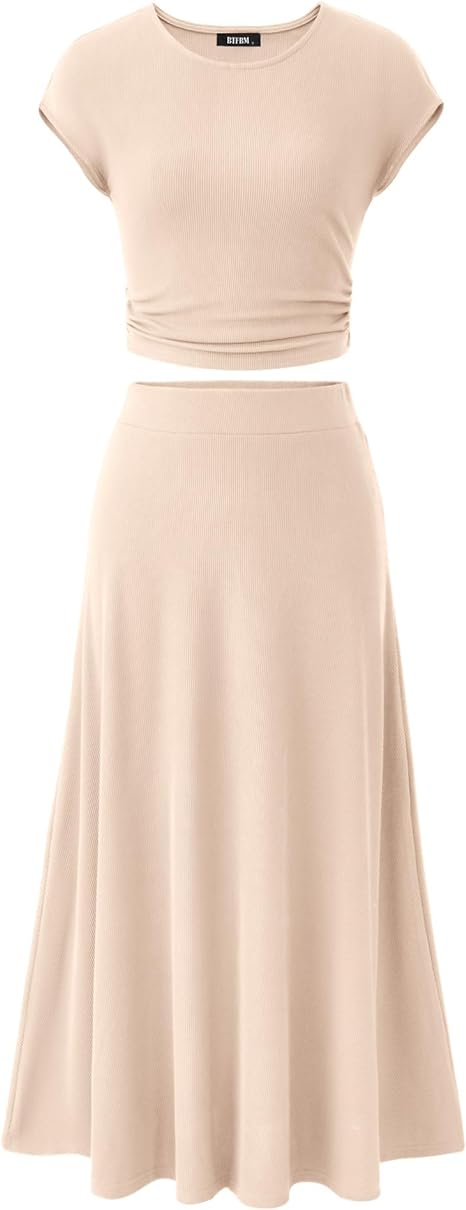 Casual Ribbed Knit Crew Neck Short Sleeve Cropped Top Elastic Waist Swing Midi Skirts