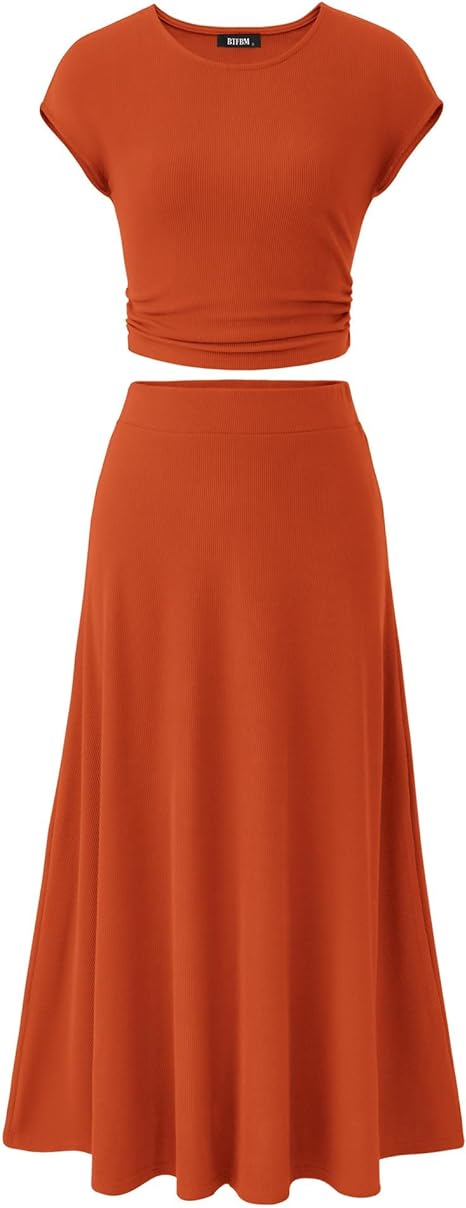 Casual Ribbed Knit Crew Neck Short Sleeve Cropped Top Elastic Waist Swing Midi Skirts