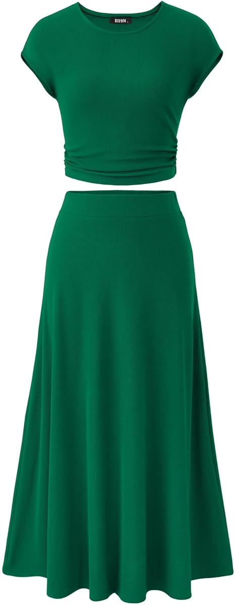 Casual Ribbed Knit Crew Neck Short Sleeve Cropped Top Elastic Waist Swing Midi Skirts