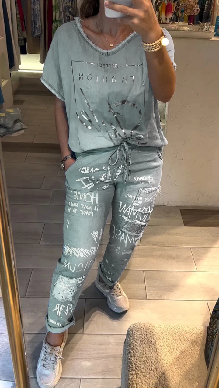 Fashion women's V-neck hot stamping Tencel denim casual suit