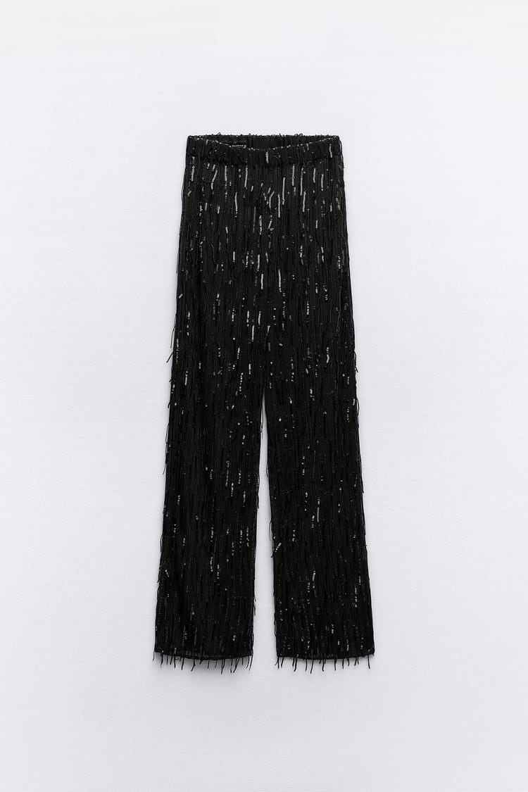 FRINGED SEQUIN SEMI-SHEER PANTS