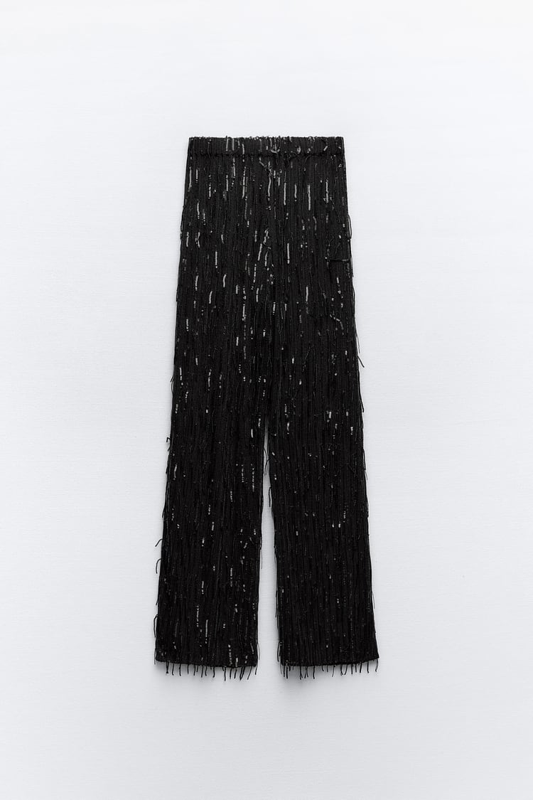 FRINGED SEQUIN SEMI-SHEER PANTS