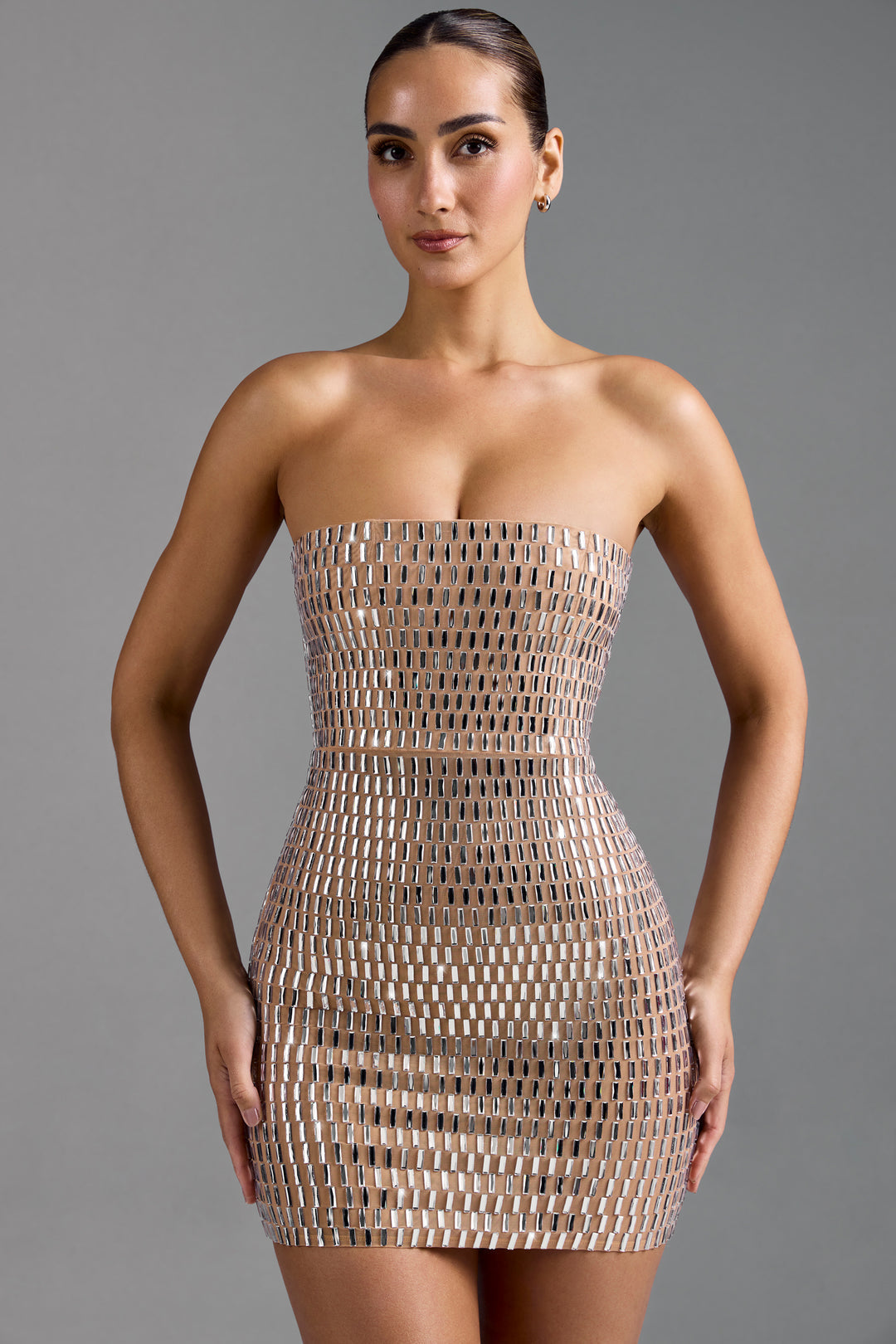 Embellished Bandeau Mini Dress in Almond