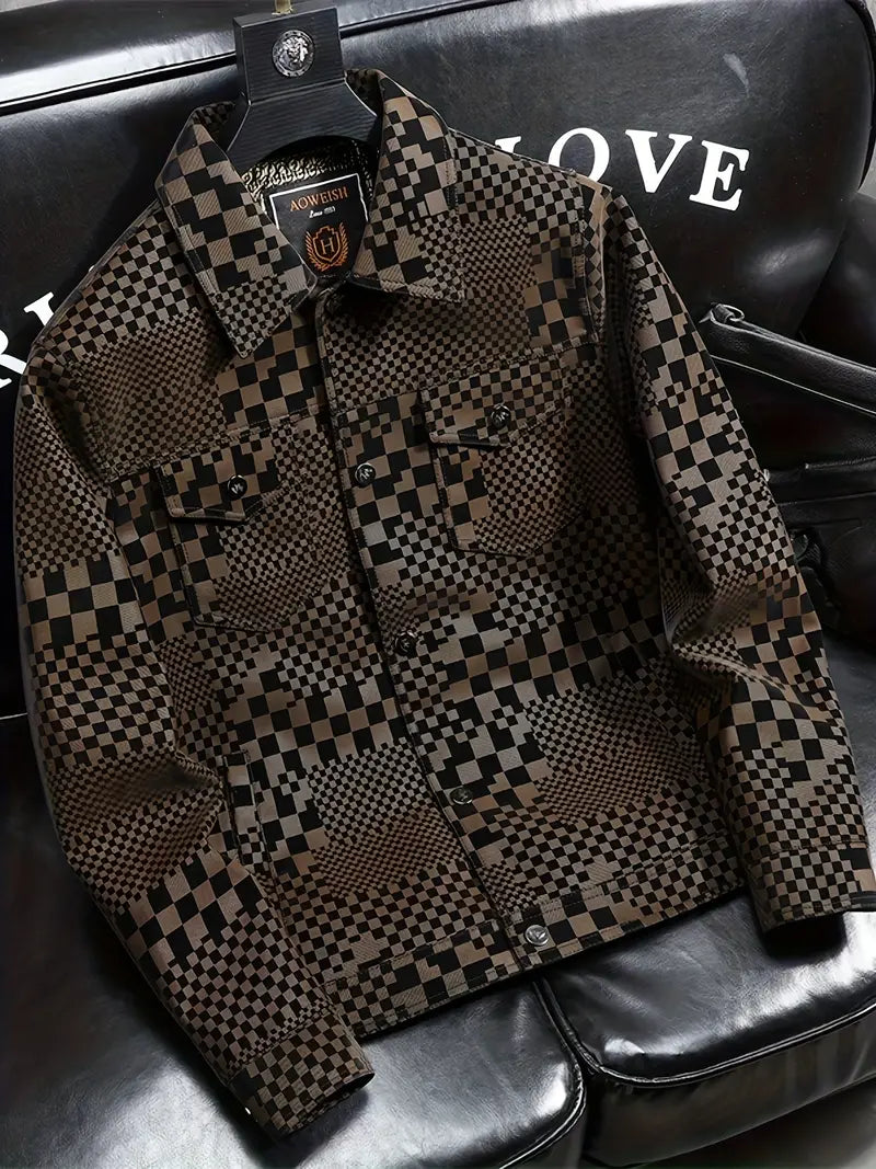 Men's Checkered Print Stand Collar Long Sleeve Zipper Casual Jacket