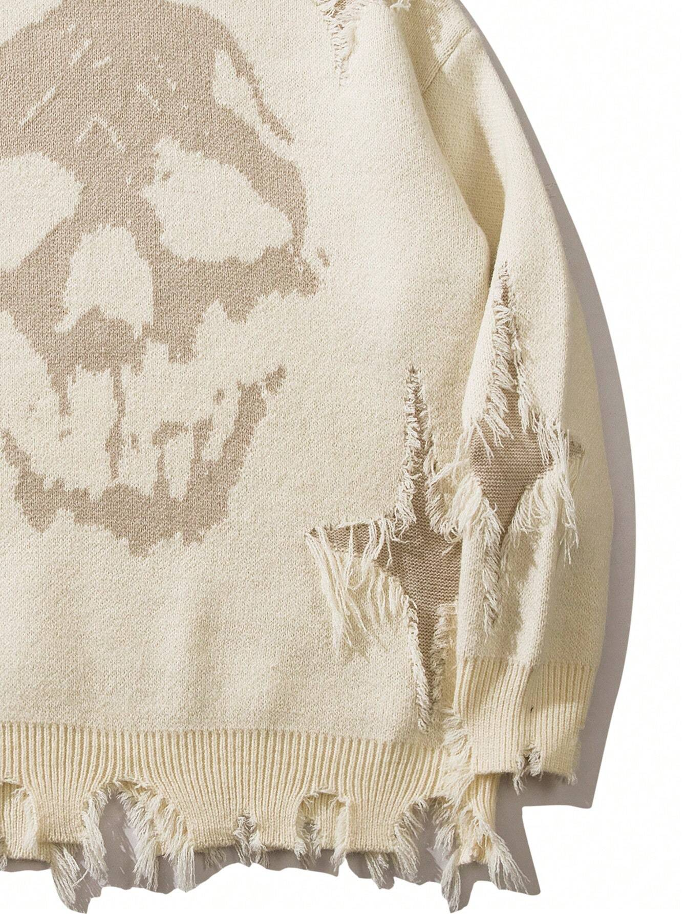 Skull Print Distressed Fringed Crew Neck Casual Sweater