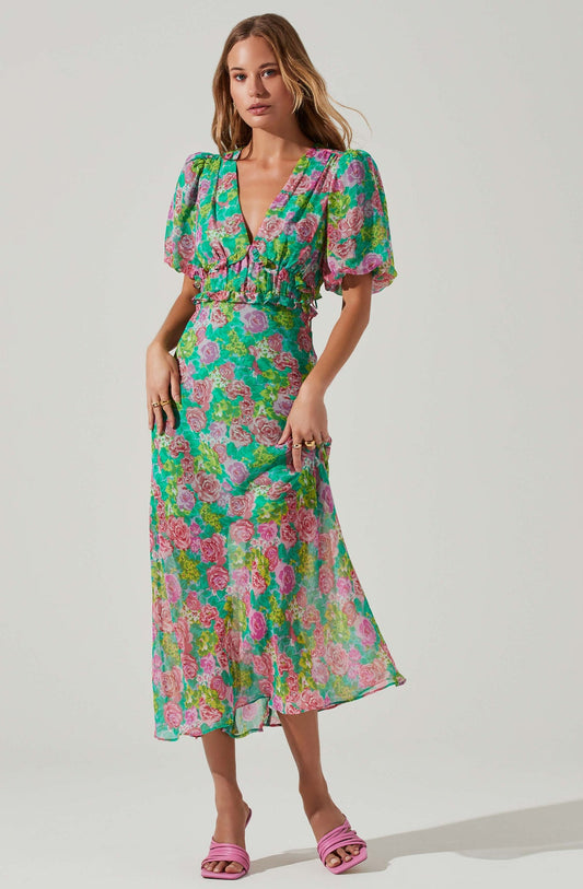 FLORAL PUFF SLEEVE MIDI DRESS